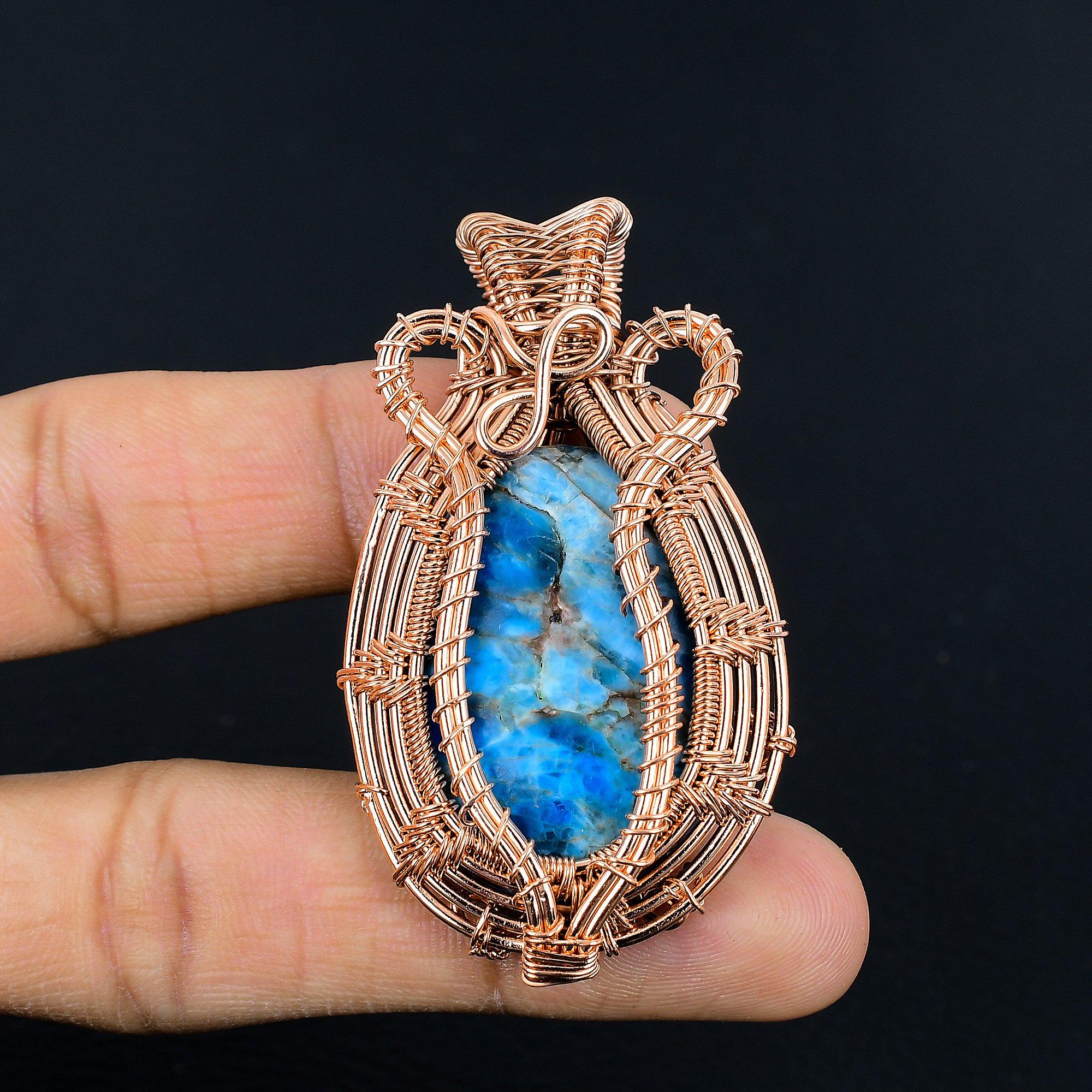 

Neon Blue Apatite Gemstone Pendant 999 Copper Wire Wrapped Jewelry, Handmade Antique Pendant Jewelry, Gift For Mother 2.55 Inches