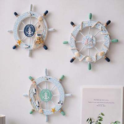 11" Nautical Beach Wooden Ship Wheel Wall Art Coastal Style Boat Steering Wheel Wall Hanging Ornament with Starfish And Hemp