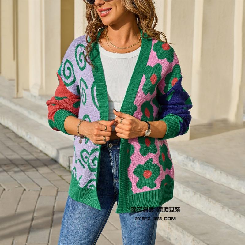 New Autumn and Winter Women's Color Knitted Cardigan All-match Jacket Fashion Print Elegant Cardigan