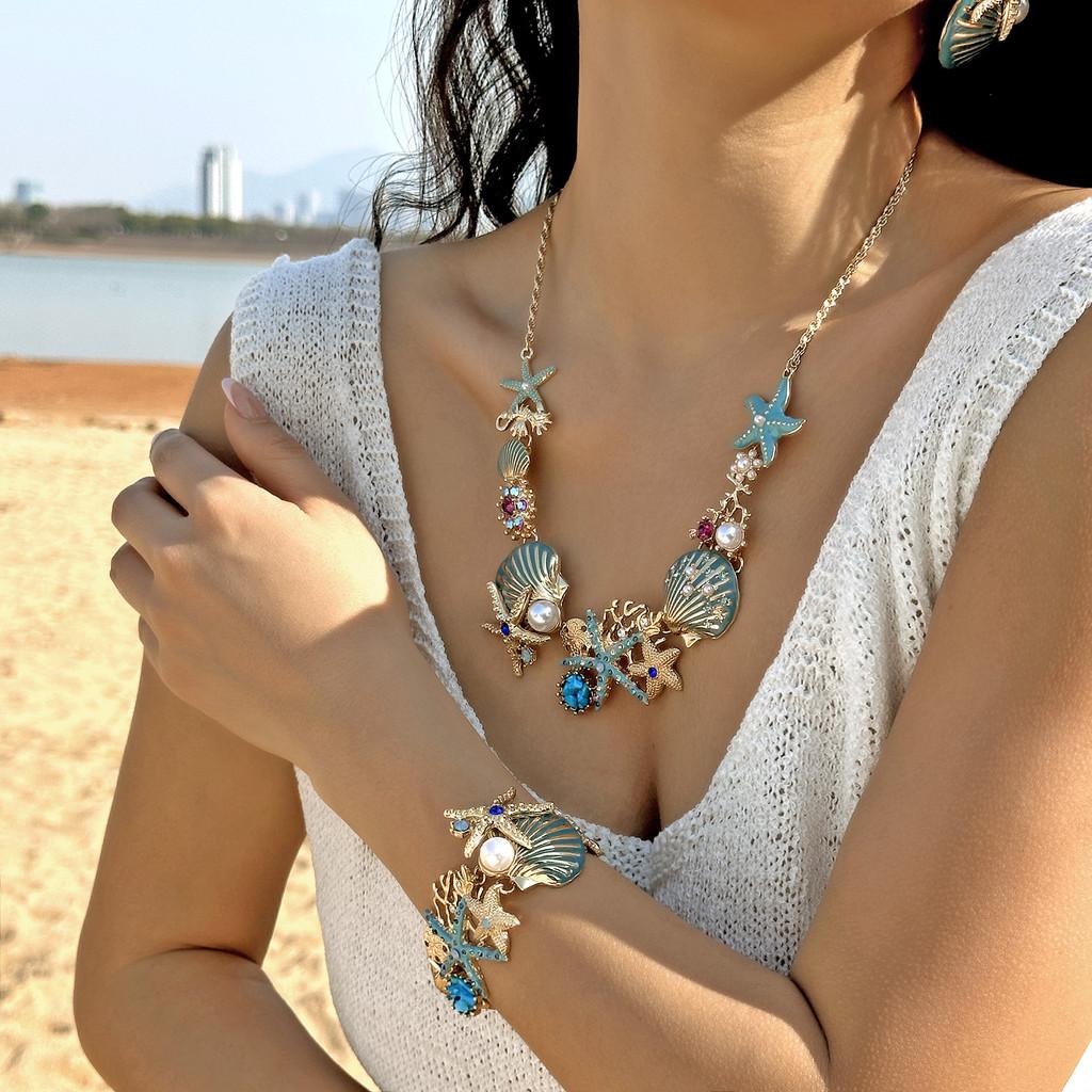 Ocean Starfish Necklace And Bracelet Set With Zinc Alloy Charm For Summer Fashion Women