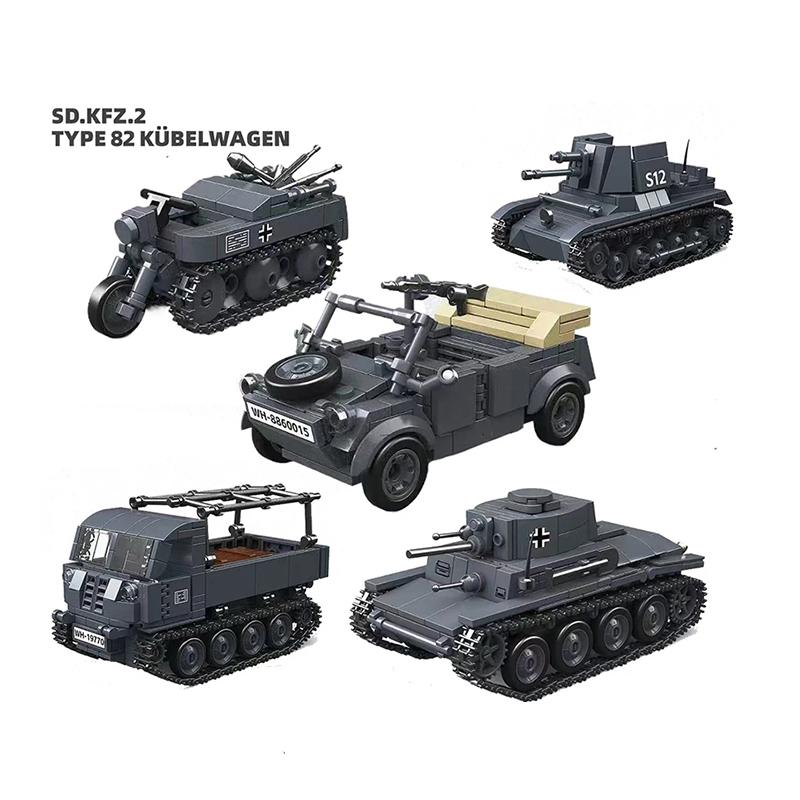 New World War II Military Tractor Light Tank Half-track Motorcycle Vehicle MOC Building Blocks Bricks DIY Assembly Kids Toys