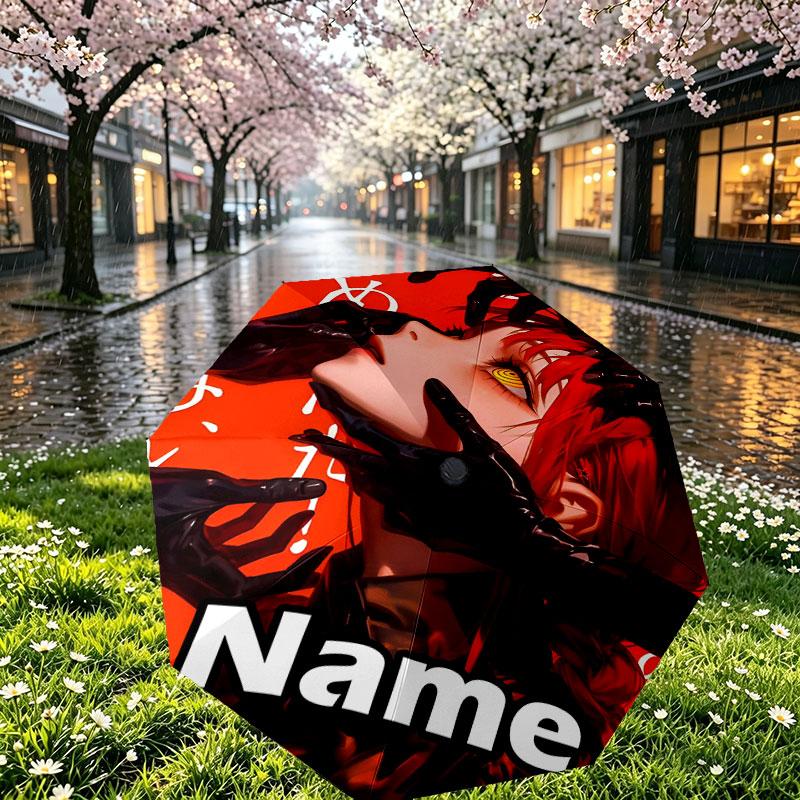 Custom Name Personalized Makima Chainsaw Man Print Umbrella, Auto Open Close, 8‑Rib Sturdy Frame, Commute Camping Hiking Use, Birthday Gift