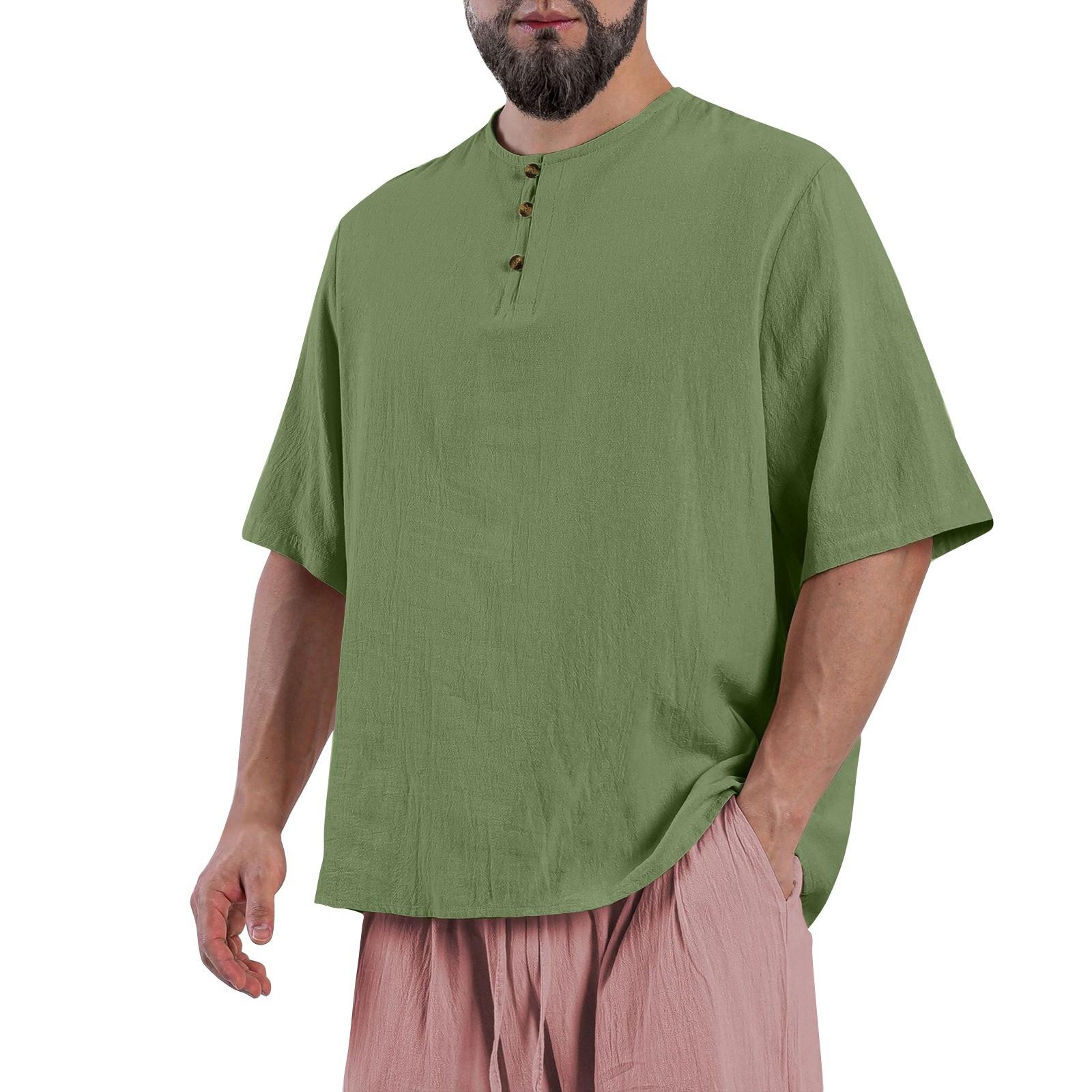 

Мужская однотонная рубашка из хлопка и льна с воротником-стойкой и карманами, с рукавом четверть длины и пуговицами XL зелёный