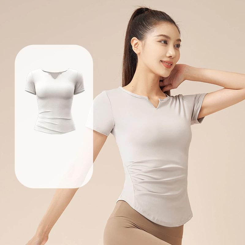 New Summer Running V-neck Yoga T Shirt Female Short sleeved Naked Quick drying Fitness Pleated Sports Top for Women