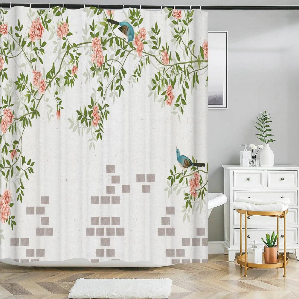 3d Printing Chinese Flower Bird Ink Landscape Shower Curtain Bathroom Waterproof Bath Curtain With Hooks Washable Cloth Decor