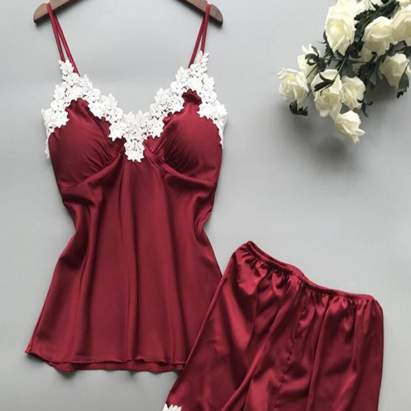 Damen Spitzen-Pyjama-Set Seide Rüschen Sexy 2-teiliger Schlafanzug mit Pyjamashorts Satin Sommer Kurze Schlafsets für Damen