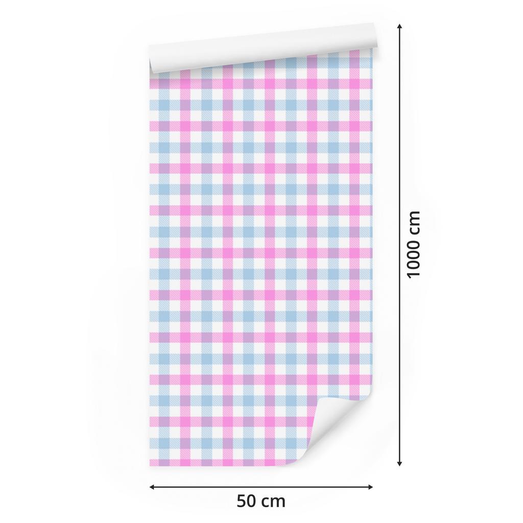 Pink Checkered Wallpaper White, Powder Pink and Azure 50x1000