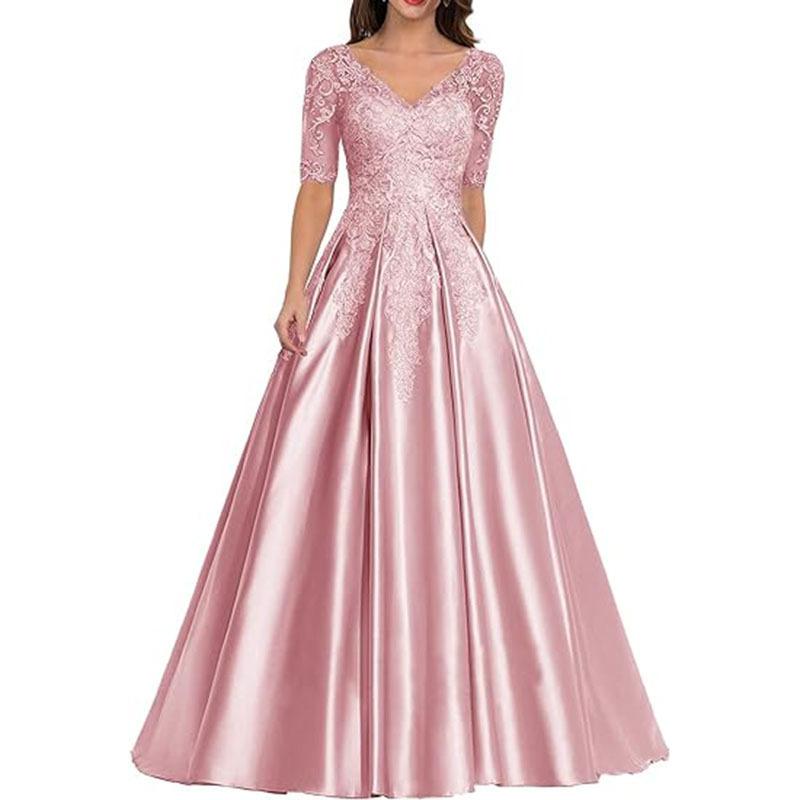 New evening dress lace V-neck short-sleeved long dress temperament party host new dress