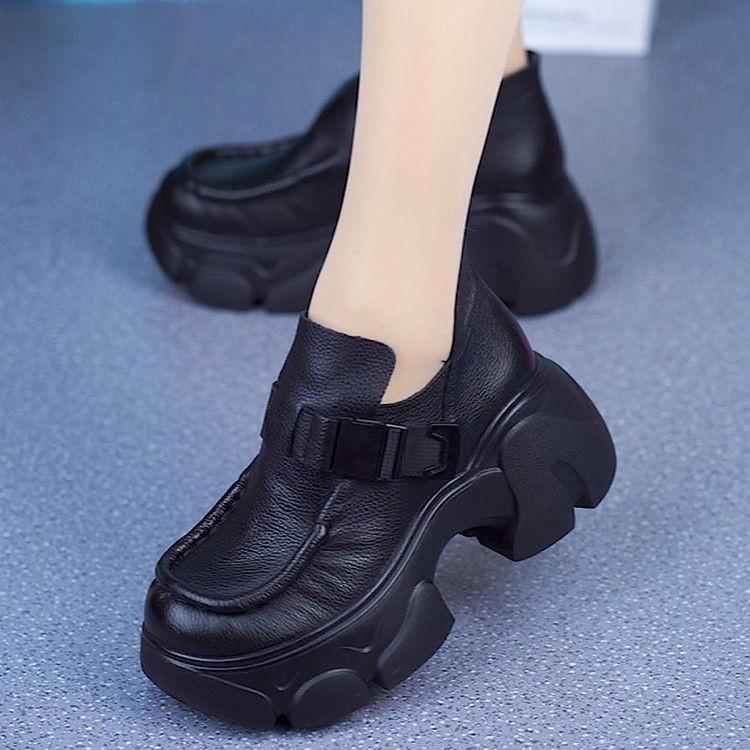 Soft Leather Single Shoes Women's 2025 Spring and Autumn New Small Height Increase Casual Leather Shoes Muffin Le Comfortable Thick-soled Deep-m