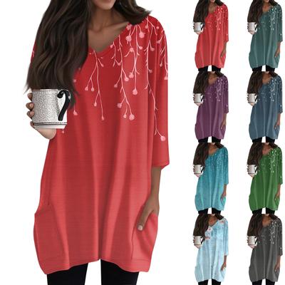 Women's Casual 3/4 Sleeve Shirts Fashion Print Tunic Tops With Pockets