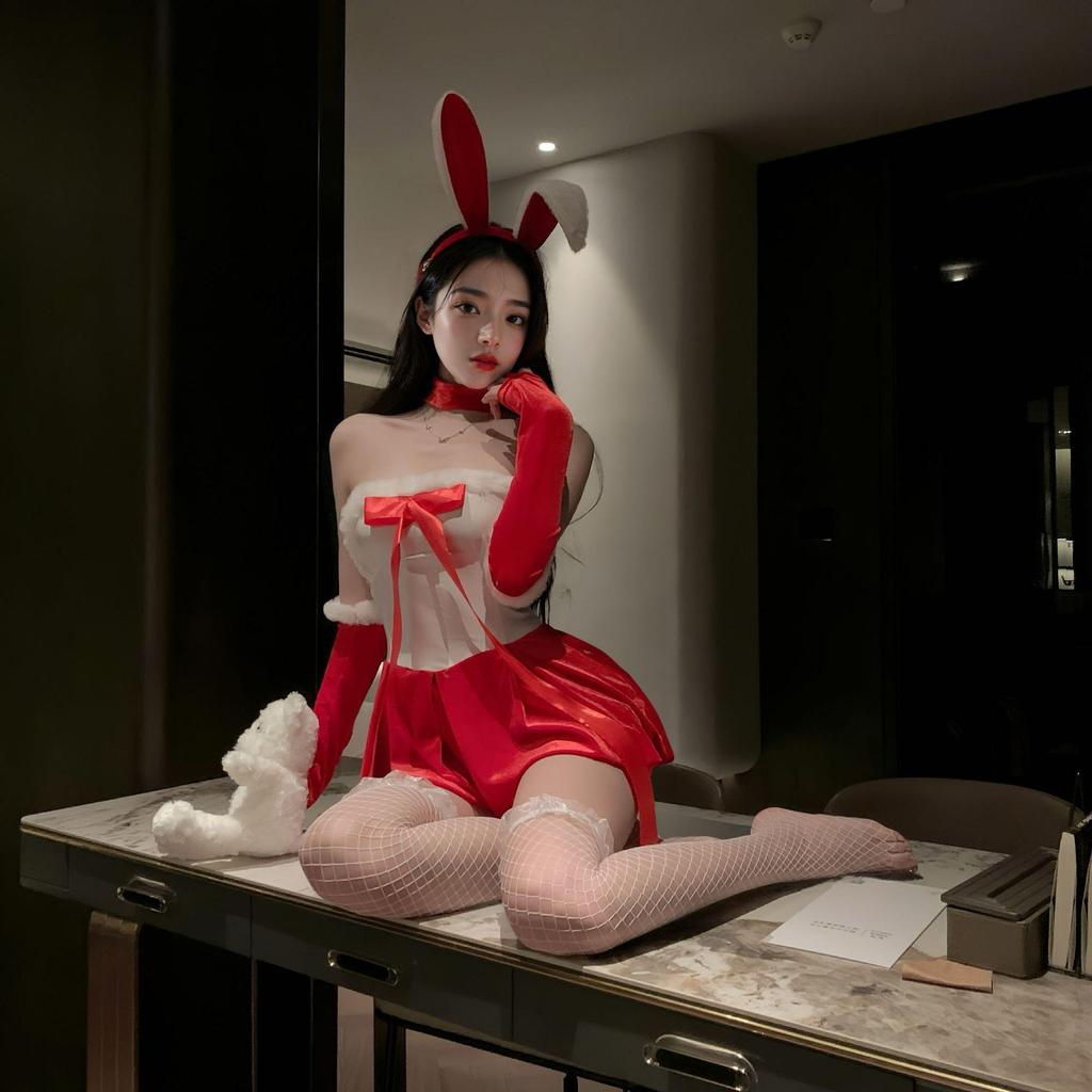 Bunny Girl Lace-Up Nightwear: Lingerie Pajamas with Removable Bow for New Year & Christmas