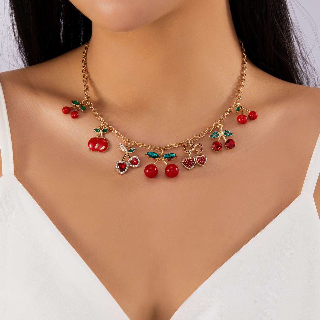 Charm Flower Bowknot Cherry Strawberry Pendant Necklace for Women Fashion Gold Color Metal Choker Chain Dainty Party Jewelry