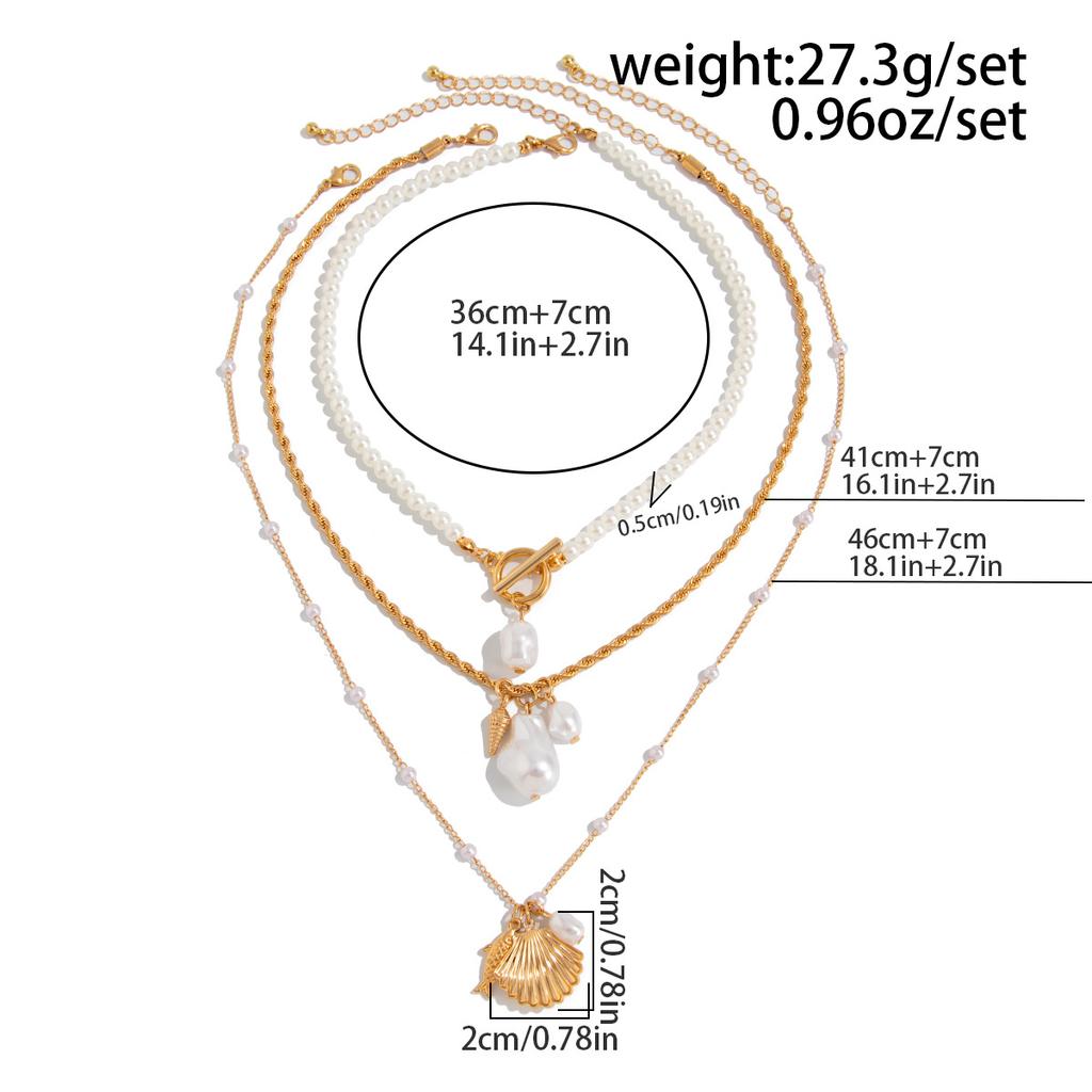 Boho Irregular Imitation Pearl Scallop Fish Pendant Necklace Multi Layer Gold Metal Ethnic Girl Jewelry