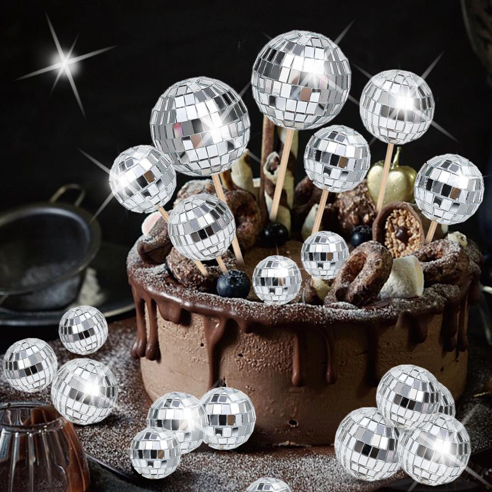 Lot Disco Decorative Balls Retro Cake Cake Insertion Card Home Birthday Party KTV Bar Decor Sequin Wedding Reflective Glass Ball