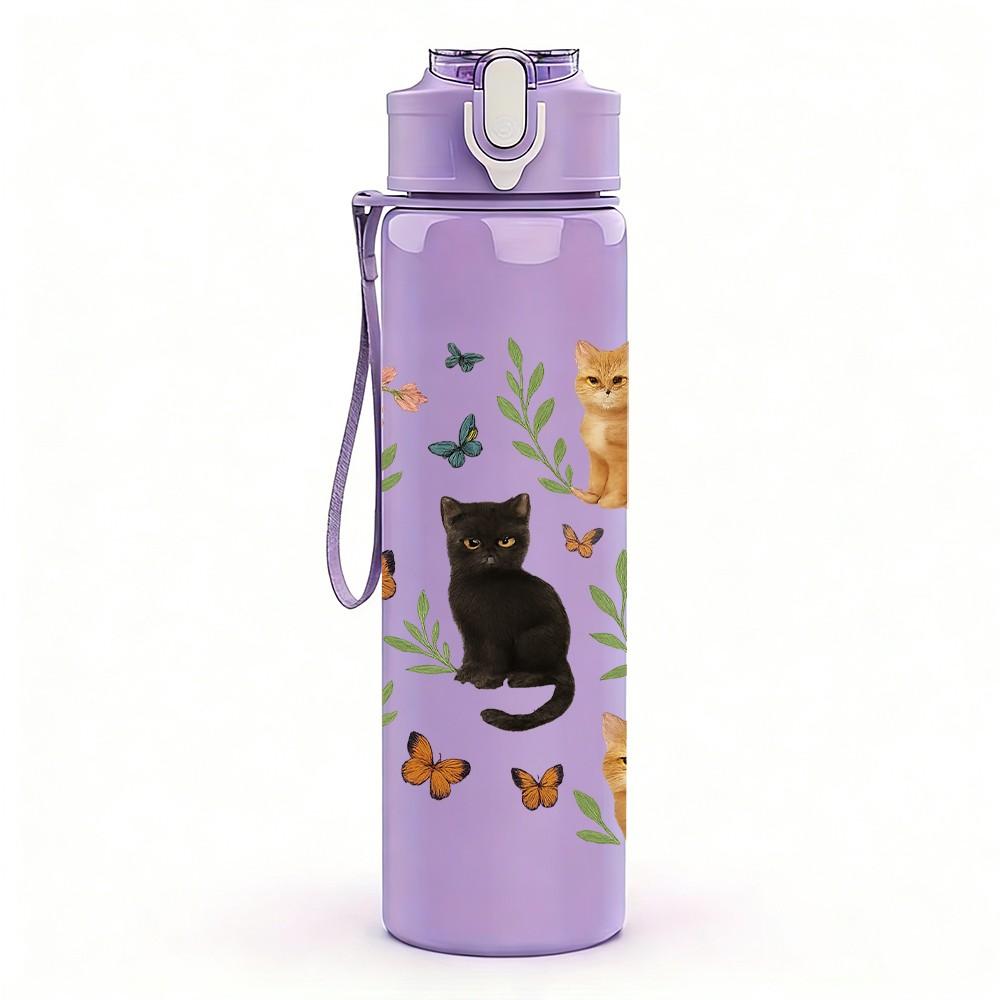1PC Mixed Breed Cats Floral Grid 750ml Color Plastic Sports Water Bottle Leakproof Flip Straw Lid For Sports Office Home Use