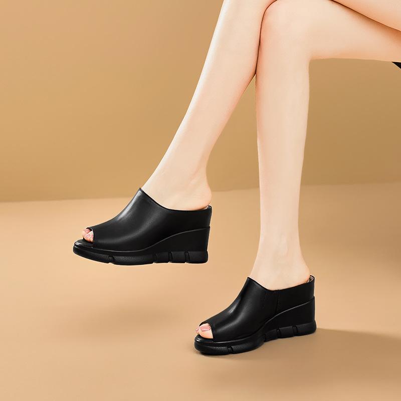 Wedge heel thick bottom leather slippers women's 2025 summer new high heel one-word drag fish mouth muffin soft bottom versatile sandals