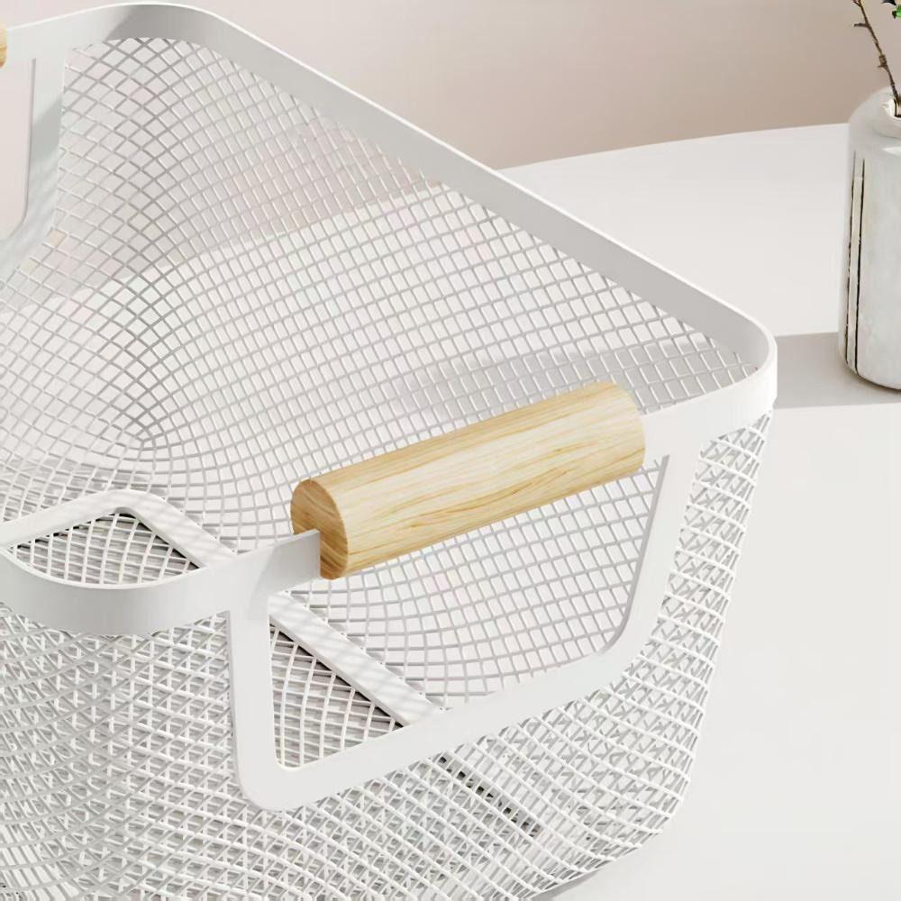 Metal Desktop Storage Basket Rectangle with Wood Handle Vegetable Fruit Snack Holder Large Capacity White Black Iron Mesh Basket