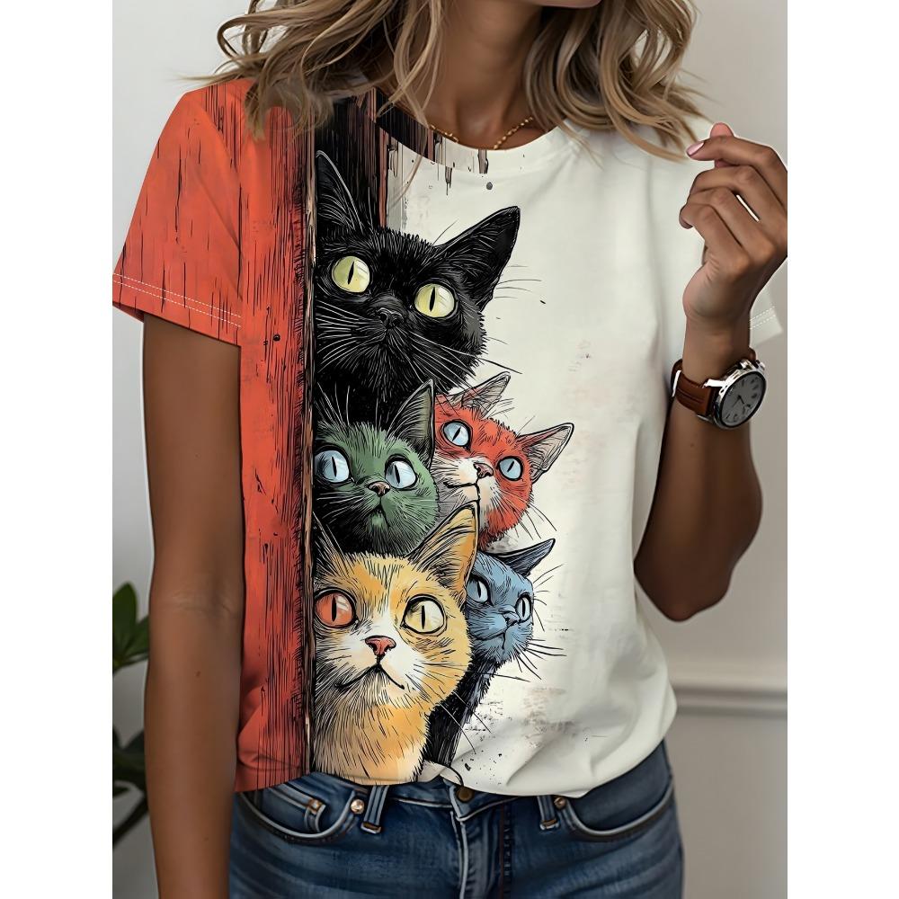 Color blocking splicing style multi-color cute cat printed T-shirt 2XS