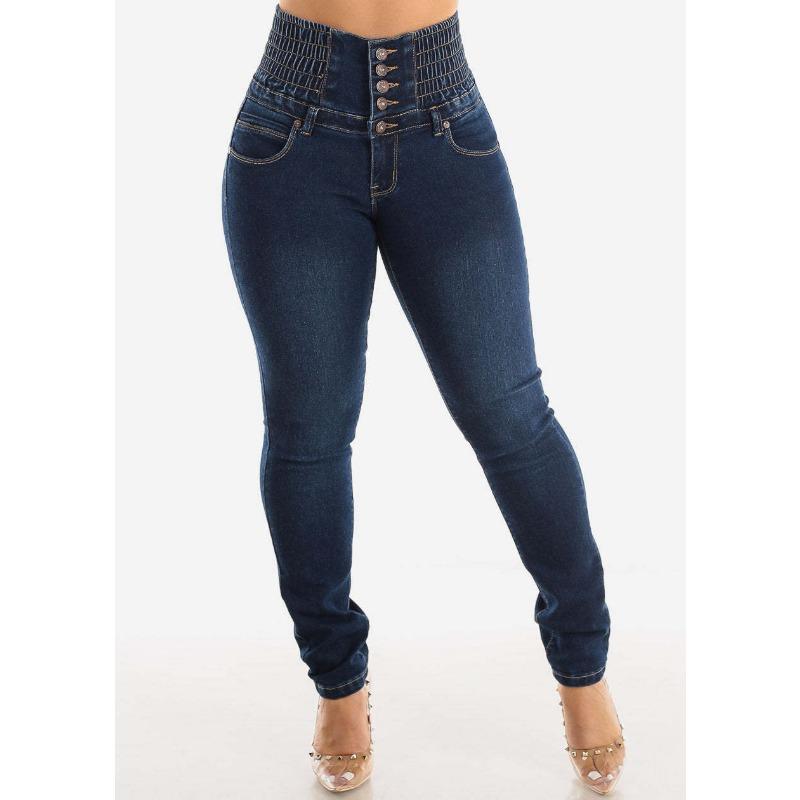 Elastic high-waisted breasted jeans women's spring slim-fitting and thin hips and small feet trousers women