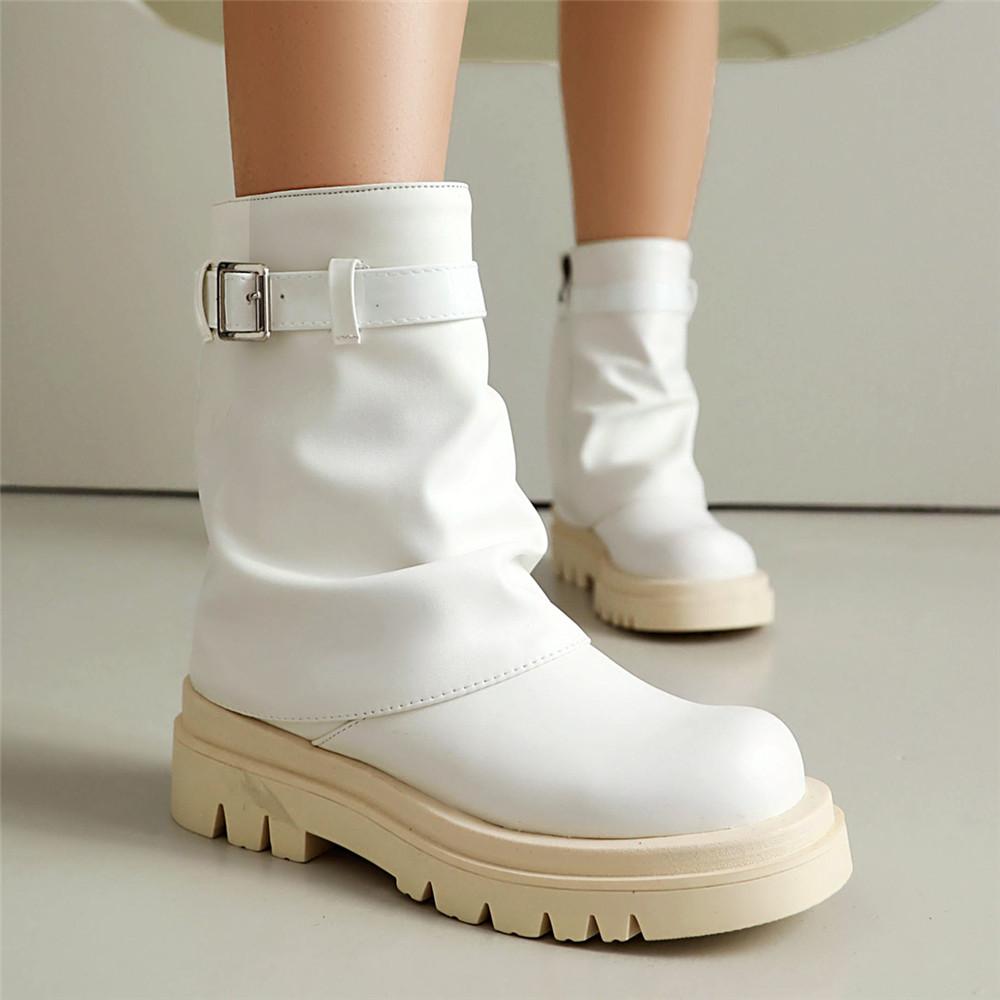 Fashion Designer Platform Flat Boots Women New Winter Fold Gothic Boot Buckle Zipper Fashion Brand Designer Ankle Boots Black White