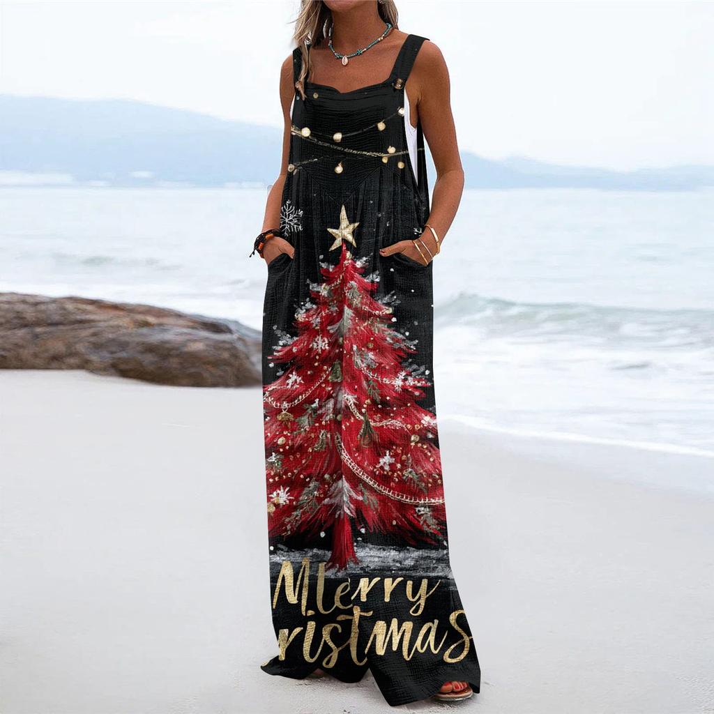 Women's Christmas Print Solid Wide Leg Strapless Tank Pocket Casual Onesie