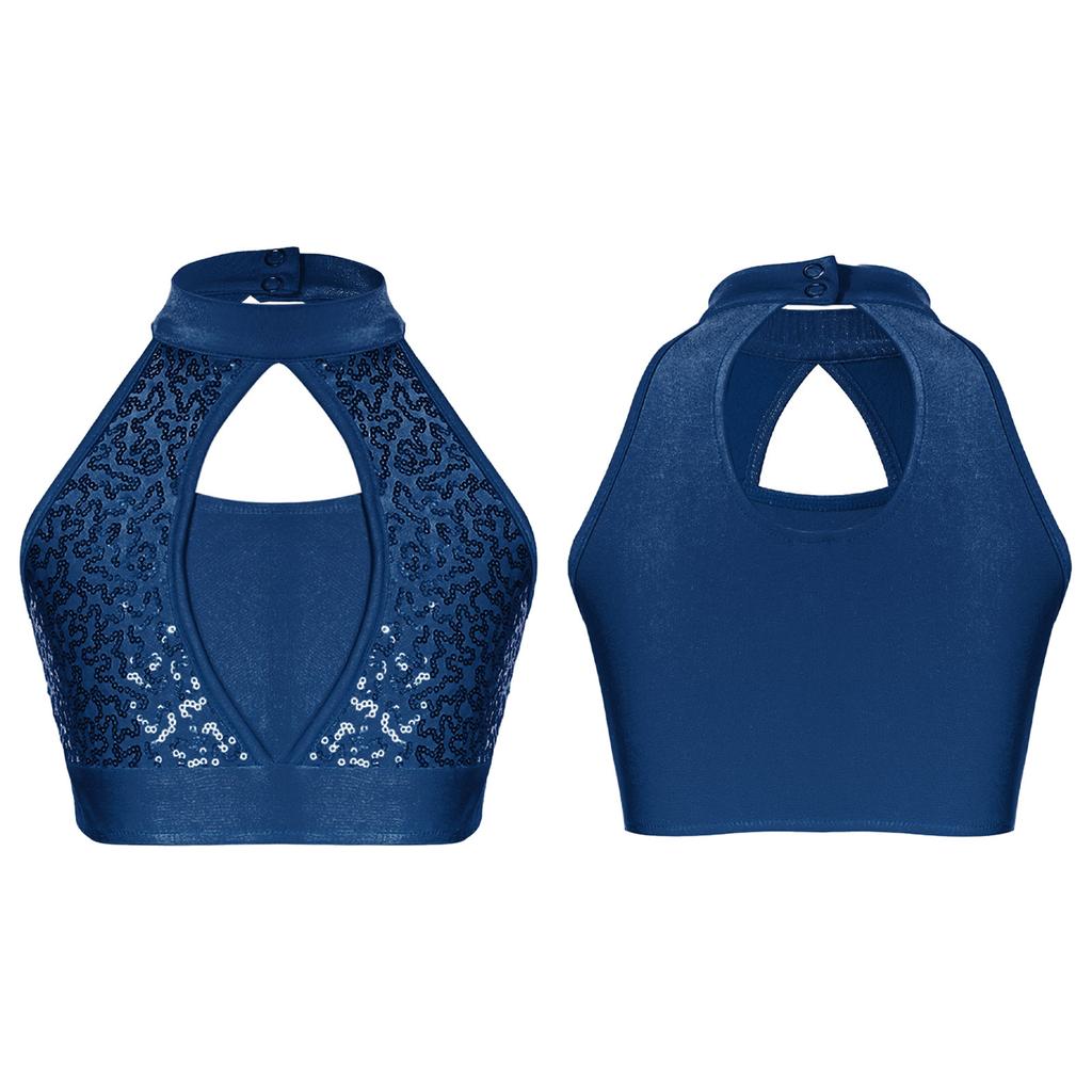 Girls Sleeveless Mock Neck Crop Top Sequin Patchwork Hollow Front Keyhole Back Dancewear