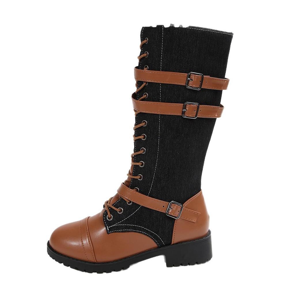 2025 European & American Mid-Calf Rivet Belt Buckle Boots: Round Toe, Square Heel, PU Leather, Autumn/Winter Knight Style
