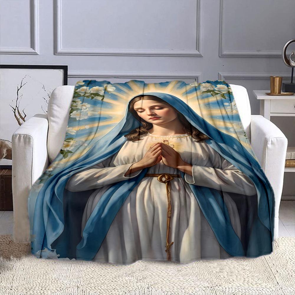 "Virgin Mary with Halo and Flowers" Patterned Flannel Blanket Perfect for the Bedroom Living Room, Sofa, or a Little Nap