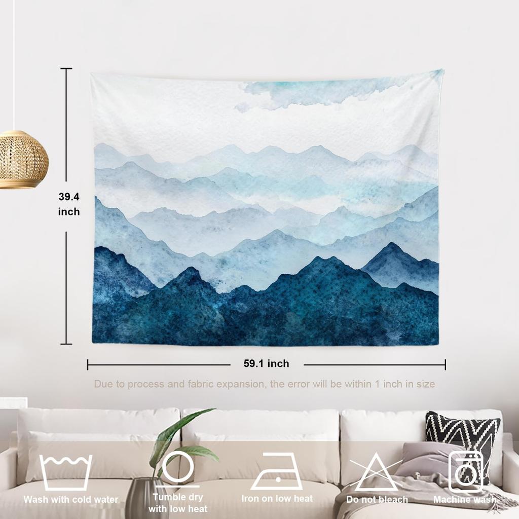 Navy Blue Watercolor Mountains Tapestry, Sky Wall Art Hanging Decoration Polyester Fiber White Ruffled Around For Dorm Room
