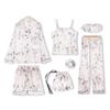 Sieben teiliges gestreiftes Pyjama-Set aus Kunstseide mit langärmeligem Cardigan und Camisole für Frühling und Herbst