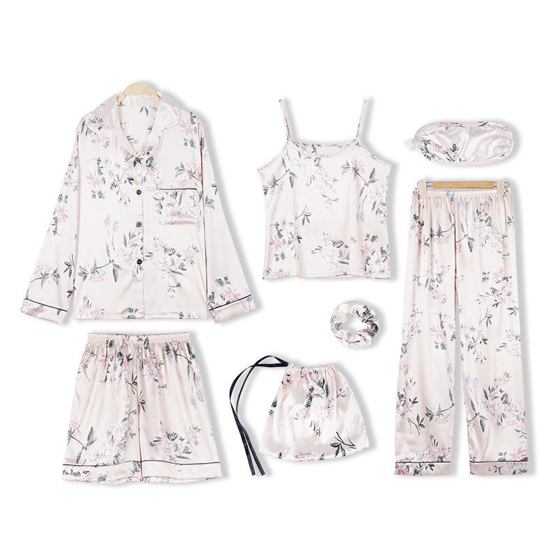 Sieben teiliges gestreiftes Pyjama-Set aus Kunstseide mit langärmeligem Cardigan und Camisole für Frühling und Herbst