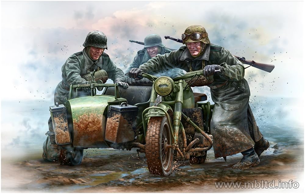Master Box 1/35 Scale German Motorcycle Soldier (4 Figures), Coat Style, Rough Road Escape Scene, Second World War Plastic Model Kit, MB35178