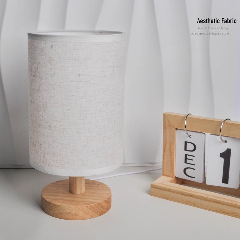 Nordic Solid Wood USB Table Lamp with Fabric Shade - LED Night Light for Bedroom & Study