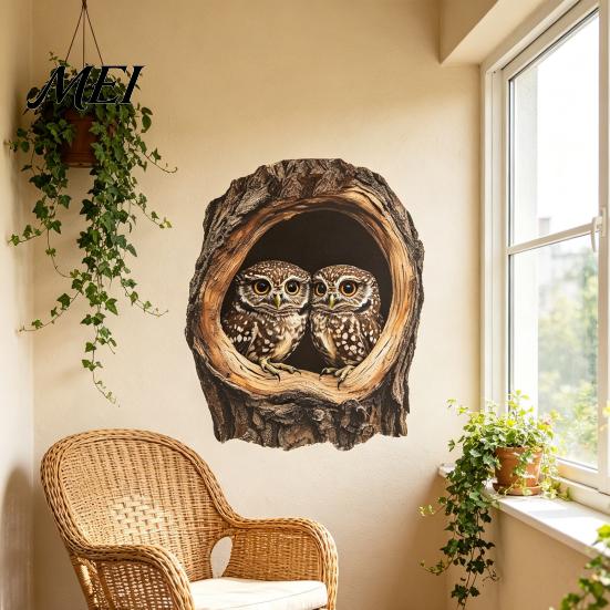 3D Owl Wall Decals Tree Hollow Sticker, Realistic Forest Animal Decal, Waterproof PVC Outdoor Weatherproof Murals Art Decor, Peel And Stick for Living