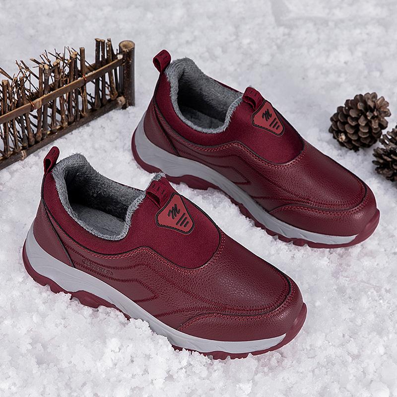 Winter Pu Leather Cotton Shoes Men Middle-Aged Couples Walking Cotton Shoes Plush Warm Slip-On Loafers Shoes Gift for Parents