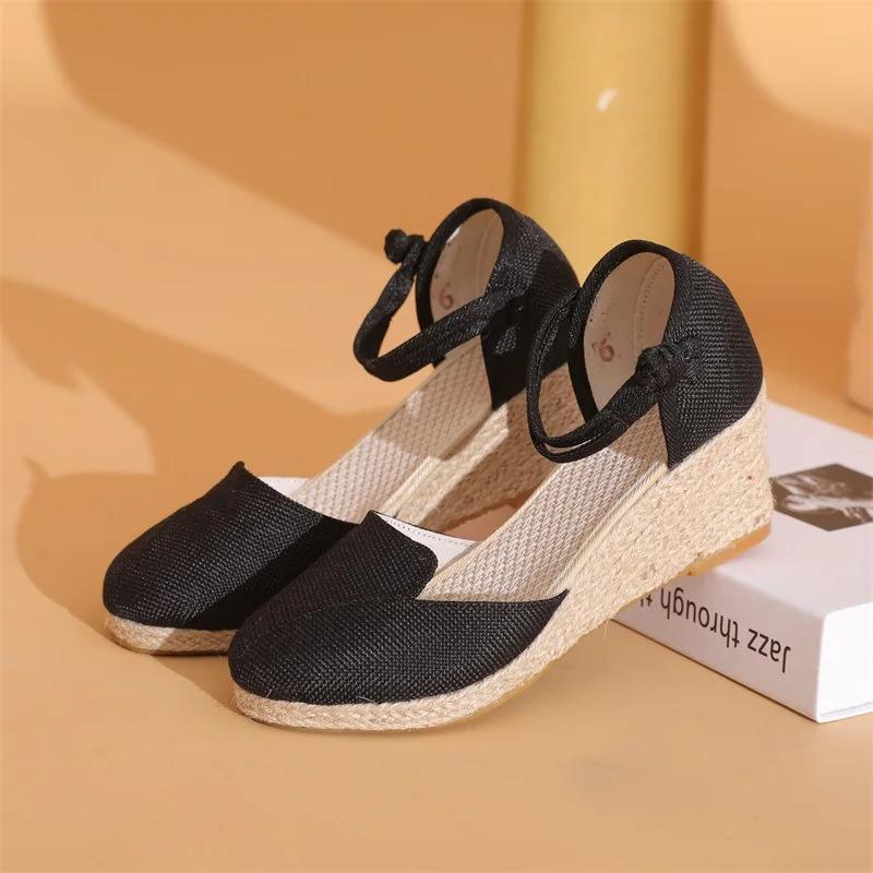 Fashion Women Platform Wedge Linen Sandals Fast Shipping Versatile Braided Buckle Breathable Wedge Sandals High-Heeled Shoes SandáLias