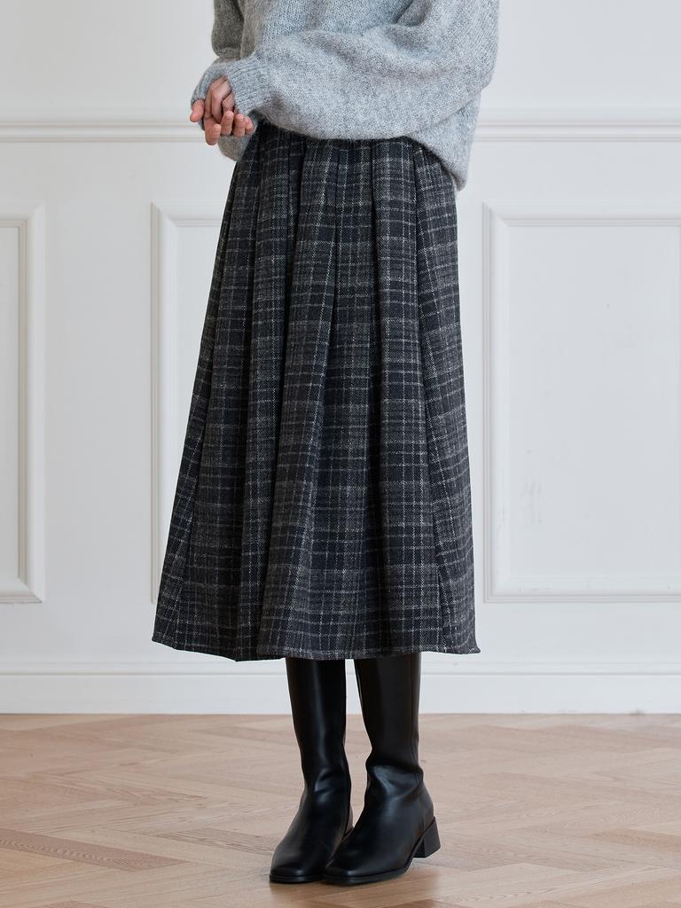 LE STUDIO Winter Check Pleated Long Skirt