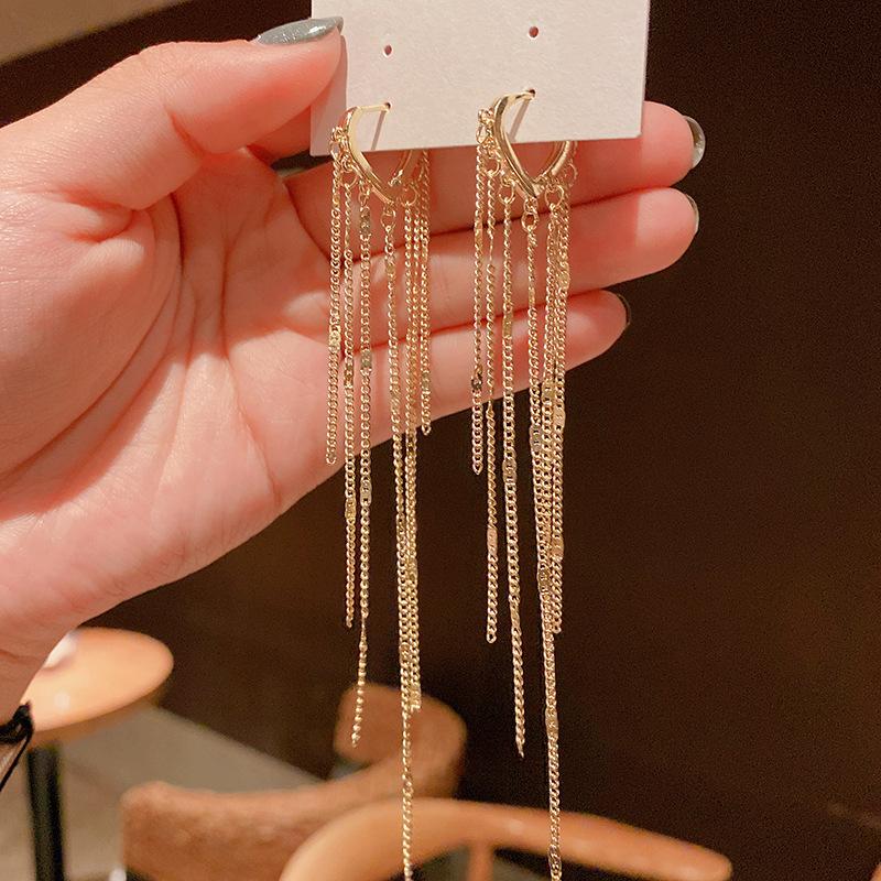 Light luxury high-end sense gold long fringed temperament earrings fashionable atmosphere versatile stud earrings personalized daily earrings