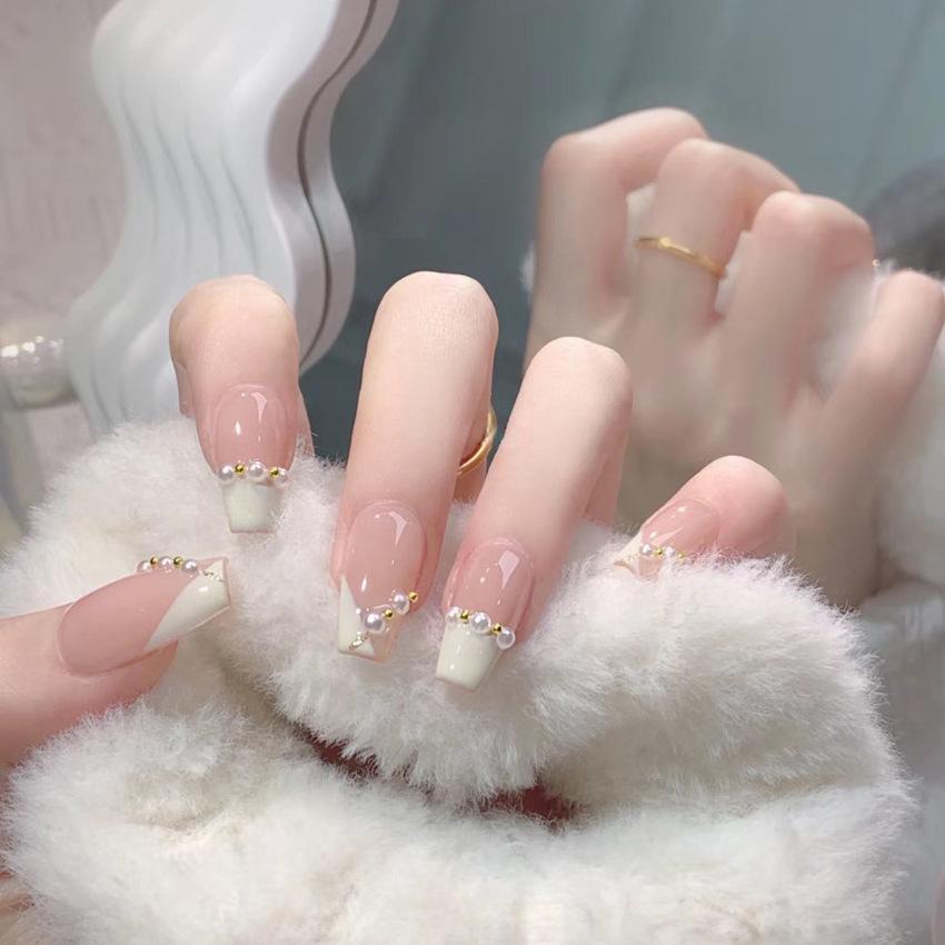 New Small Fresh Sweet French Pearl Nail Art Patch Fake Nails Small Fresh Handmade Wear Nail A28