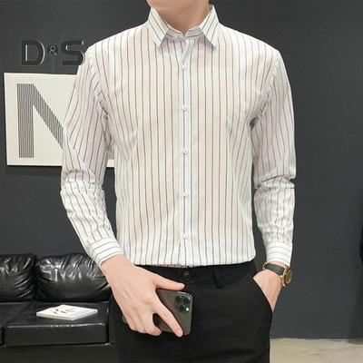 Men Dress Shirt Stripe Print Single-breasted Turn-down Collar Long Sleeves Formal Business Style Office Shirt Mid Length Dating Top