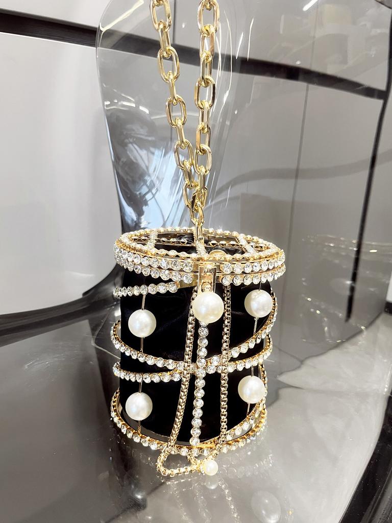 Luxury Design Banquet Bag Women Pearl Rhinestone Shiny Chain Cylindrical Shape Handbag Ladies Fashion Elegant Metal Bucket Bags