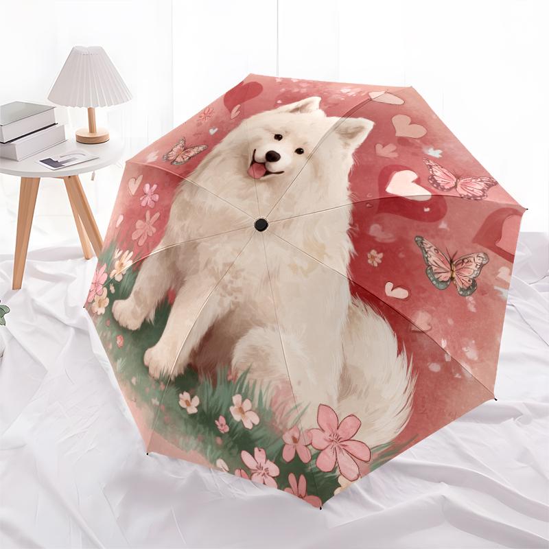 Happy Samoyed Pattern, Automatic Folding Umbrella, Portable and Foldable Design, 8 Ribs, a Christmas or Birthday Gift.