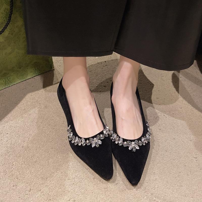 Spring New Single Shoe Women Fashion Pointed Shallow Mouth Suede Glitter Soft Sole Anti-slip Wear-resistant Flat Shoes