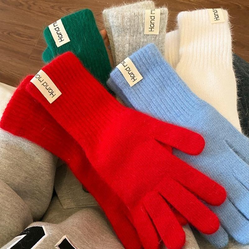 Extended rabbit fur blue knitted wool gloves for women's winter thickened warm riding