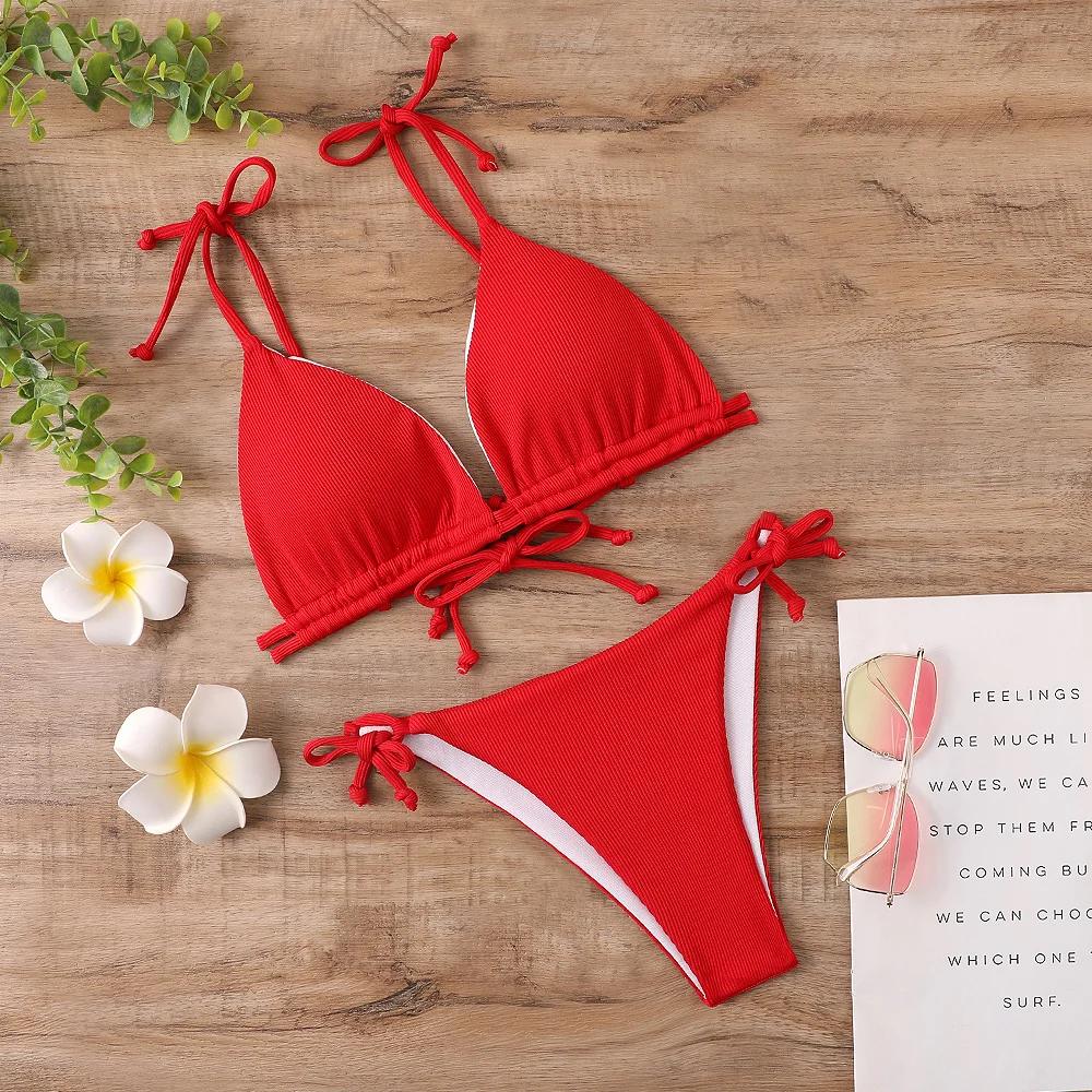 Женский купальник бикини Летний пляжный костюм Бразильский купальник 2025 Сексуальный женский купальник для горячих источников Бикини Ropa Mujer S красный