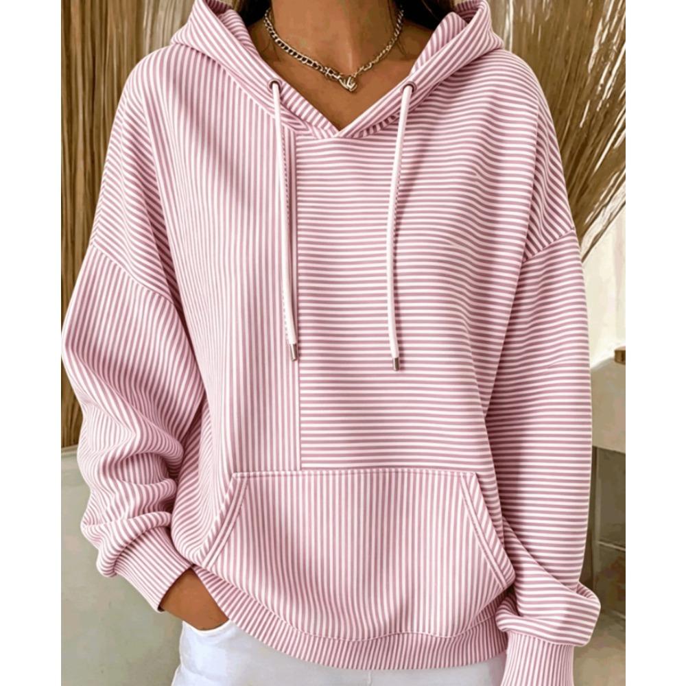Women's V Neck Long Sleeve Striped Hoodie Casual Loose Pullover Sweatshirt for Daily Wear