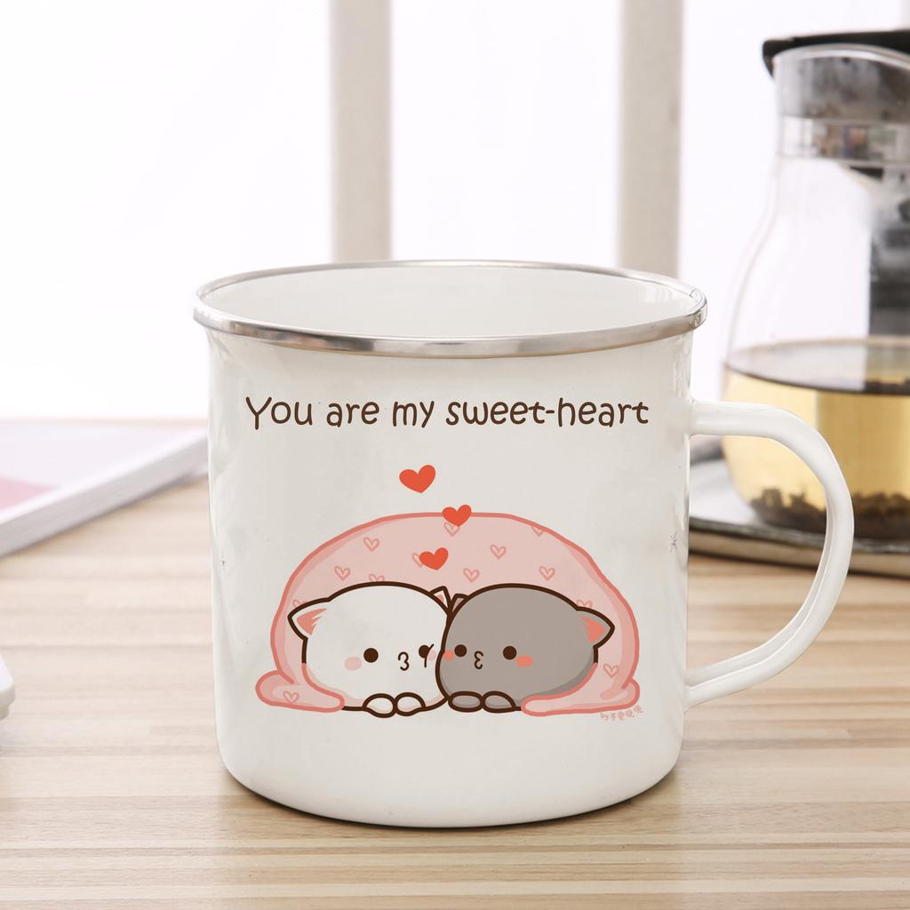 New Peach and Goma Cat Enamel Coffee Tea Cup Cute Animal Breakfast Dessert Milk Water Cup Couple Gift Original Breakfast Cups