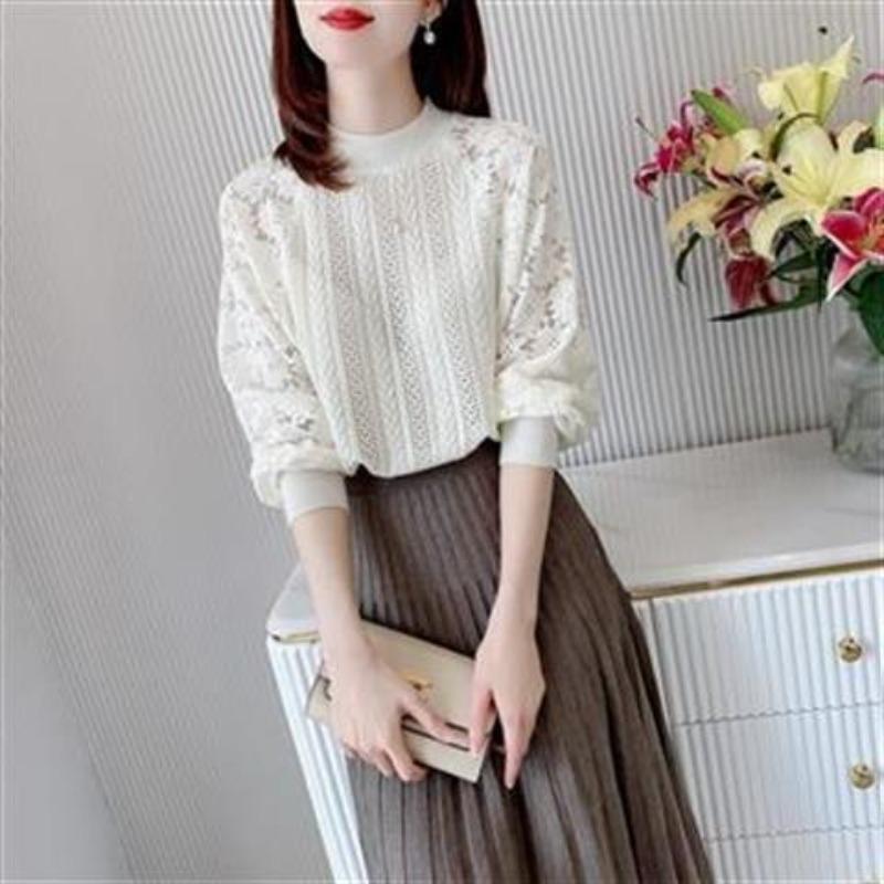

Весенне-осенний женский свободный свитер с кружевной вставкой, ажурными рукавами и длинным рукавом, вязаный свитер S белый