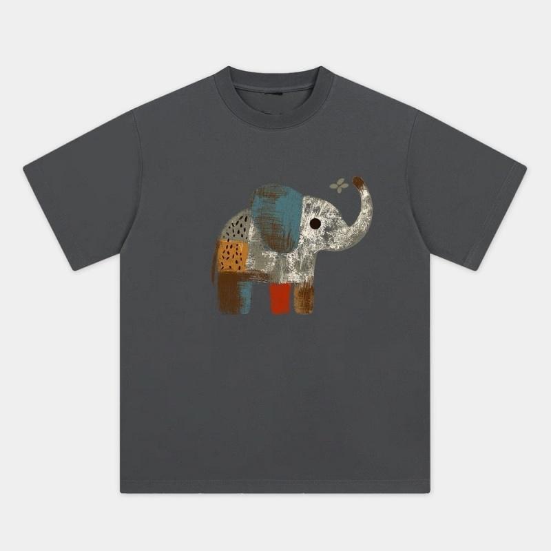 ZAZOMDE Trendy Simple Front Print Tshirt Retro Hand Drawn Color Block Elephant Short Sleeve Loose Unisex Summer Street Tees