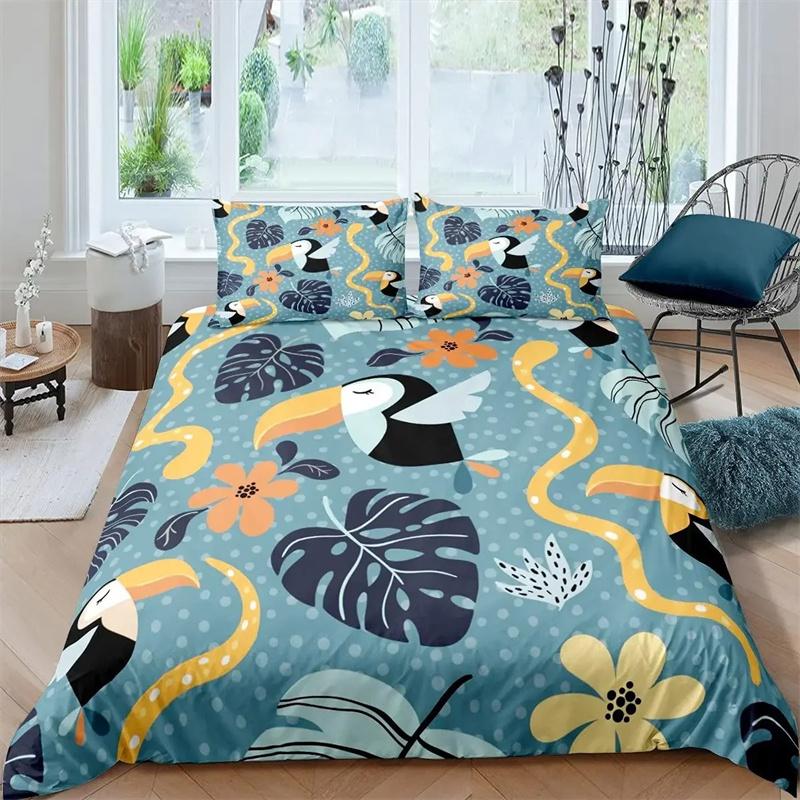 Papagei-Bettbezug-Set, schwarz-weiß gestreiftes Bettwäsche-Set, grüne Pflanze, Palmblätter, Bettbezug, Vogeltier, Polyester-Bettbezug